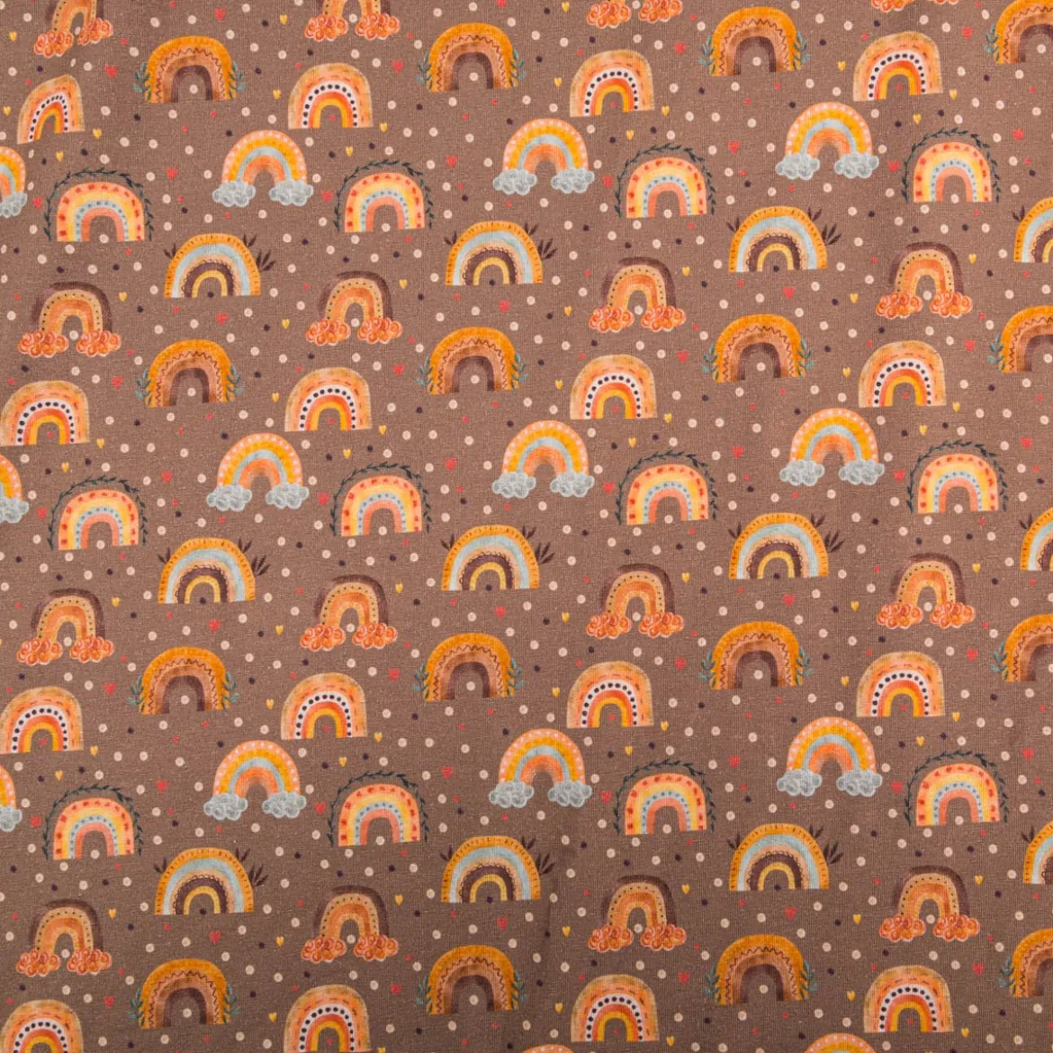 Jersey Stoff Digitaldruck Aquarell Regebogen Punkte Herzen braun orange 1,4m Breite