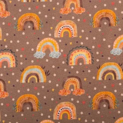 Jersey Stoff Digitaldruck Aquarell Regebogen Punkte Herzen braun orange 1,4m Breite