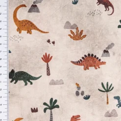 Jersey Stoff Digitaldruck Dinos Vulkan Palmen beige braun 1,45m Breite