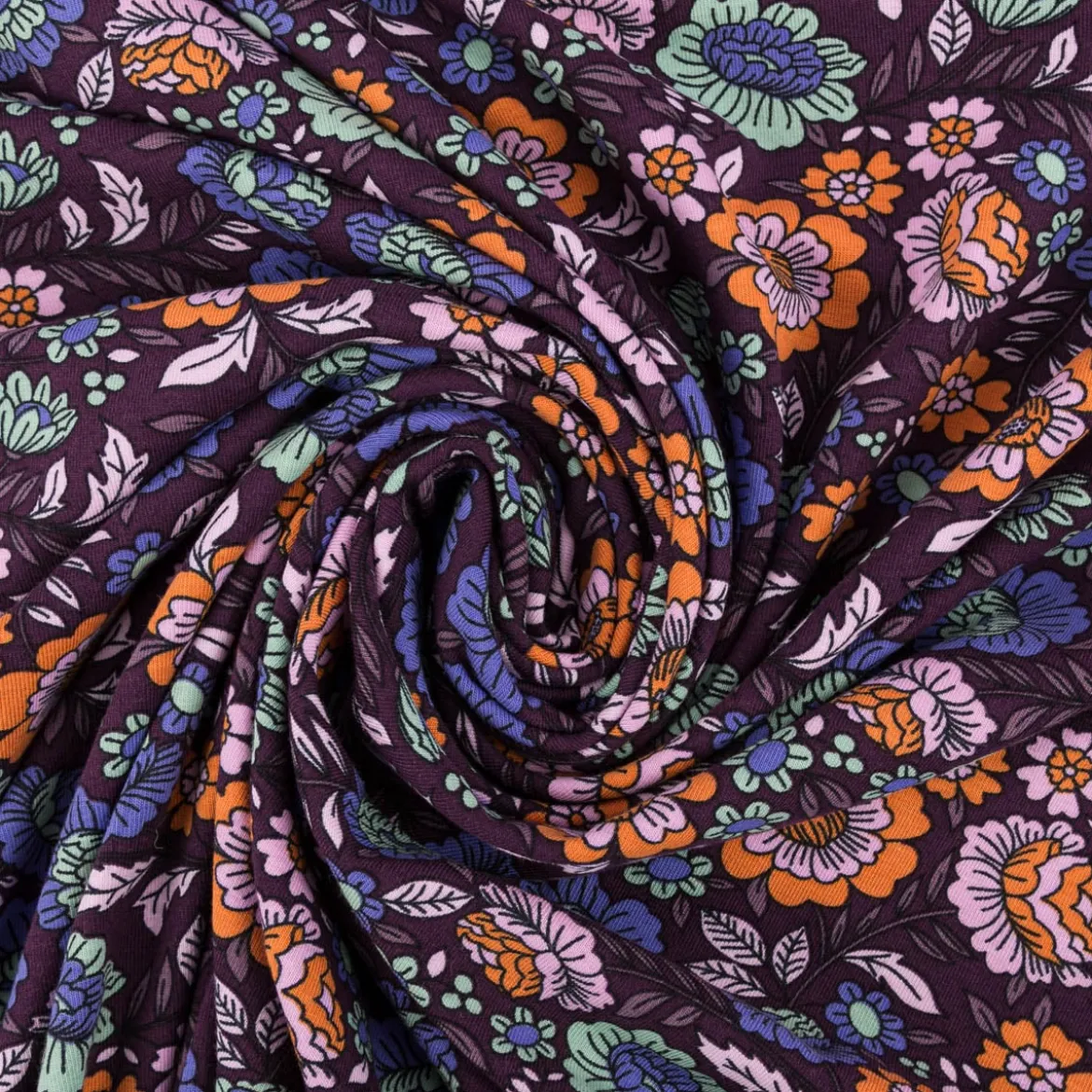 Jersey Stoff FLOWERS Blumen Blätter violett bunt 1,5m Breite