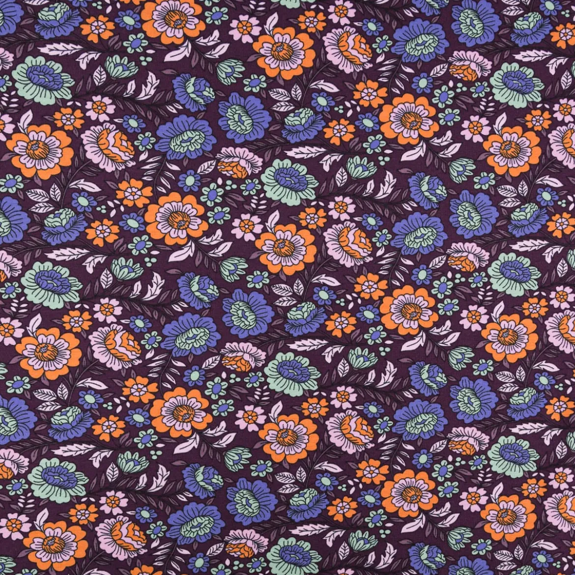 Jersey Stoff FLOWERS Blumen Blätter violett bunt 1,5m Breite