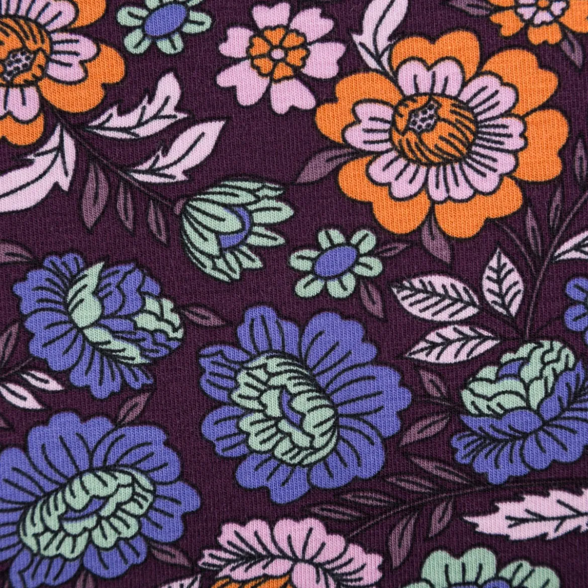 Jersey Stoff FLOWERS Blumen Blätter violett bunt 1,5m Breite
