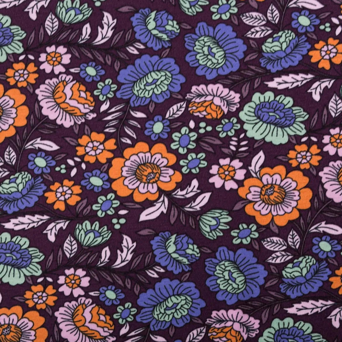Jersey Stoff FLOWERS Blumen Blätter violett bunt 1,5m Breite
