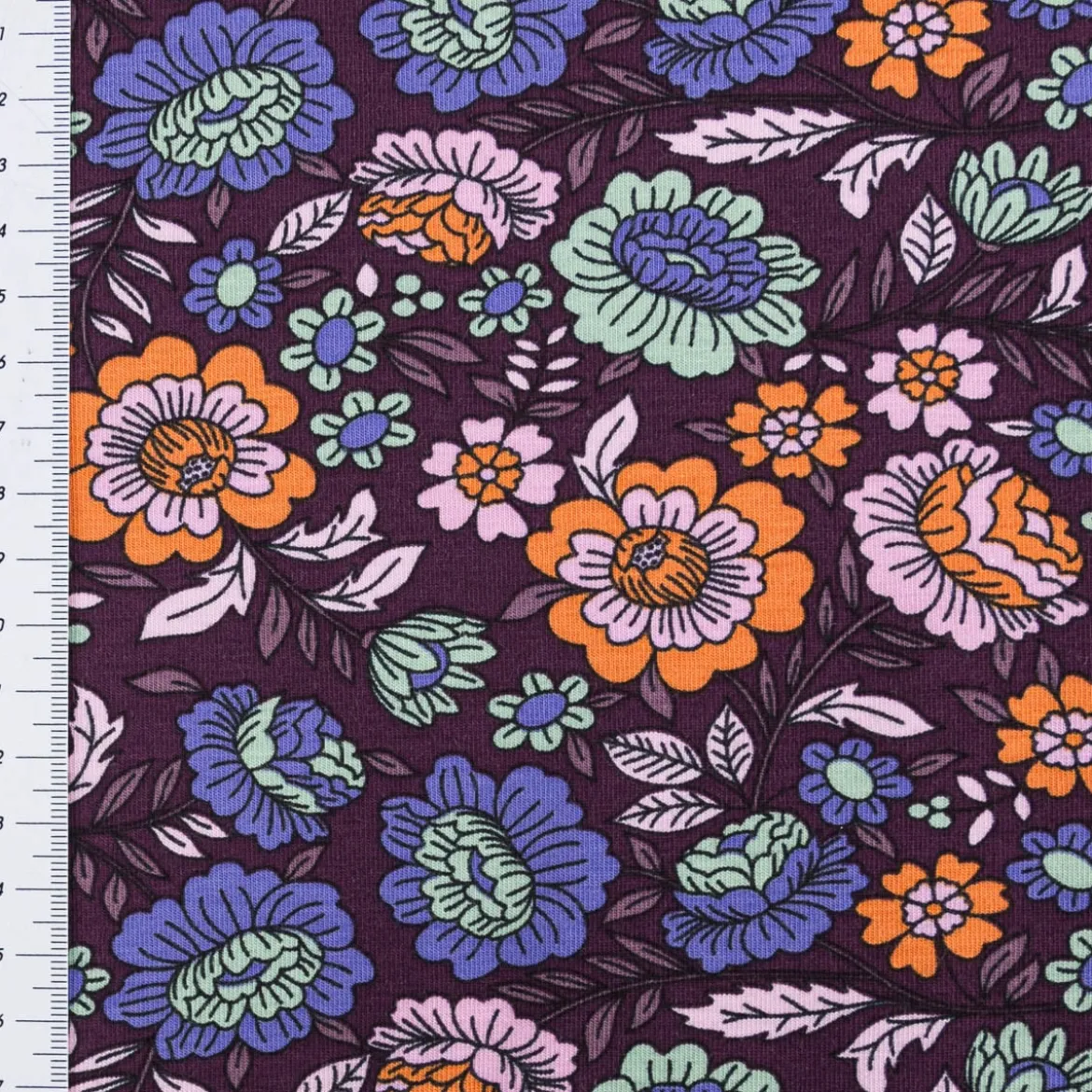 Jersey Stoff FLOWERS Blumen Blätter violett bunt 1,5m Breite