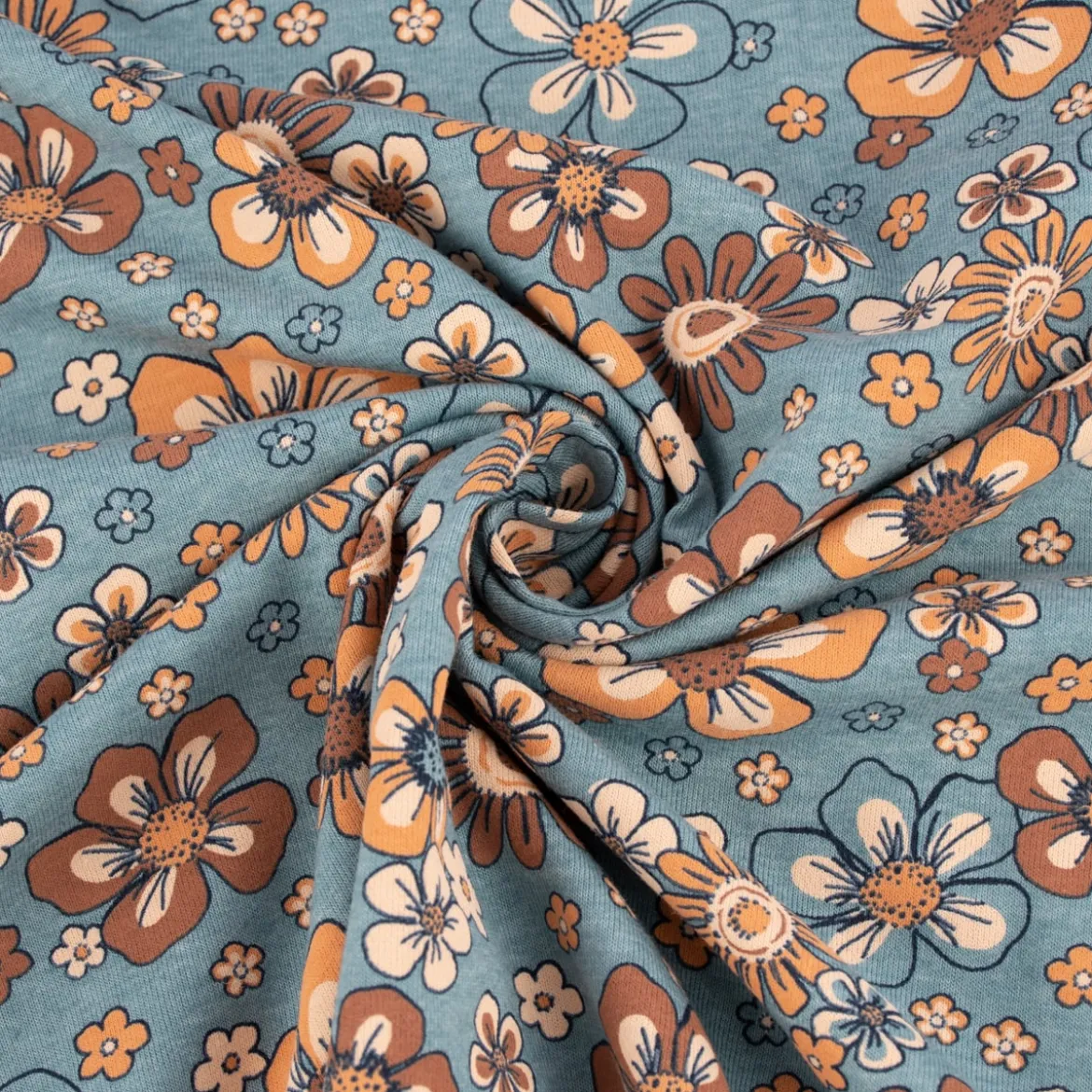 Jerseystoff Meterware Blumen Melange Flowers blau meliert 1,48m Breite