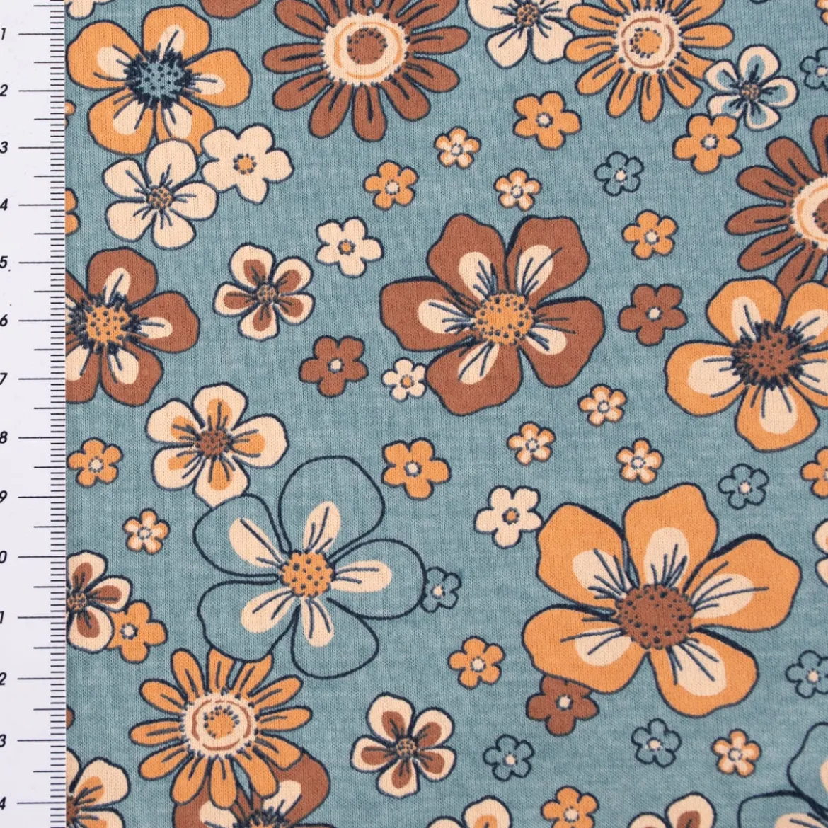 Jerseystoff Meterware Blumen Melange Flowers blau meliert 1,48m Breite