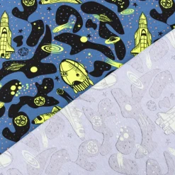 Jersey Stoff NEON SPACE Weltraum Rakete blau neon gelb 1,45m Breite