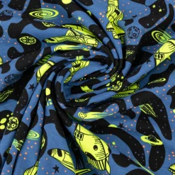 Jersey Stoff NEON SPACE Weltraum Rakete blau neon gelb 1,45m Breite