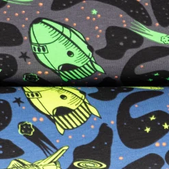 Jersey Stoff NEON SPACE Weltraum Rakete blau neon gelb 1,45m Breite