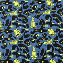 Jersey Stoff NEON SPACE Weltraum Rakete blau neon gelb 1,45m Breite