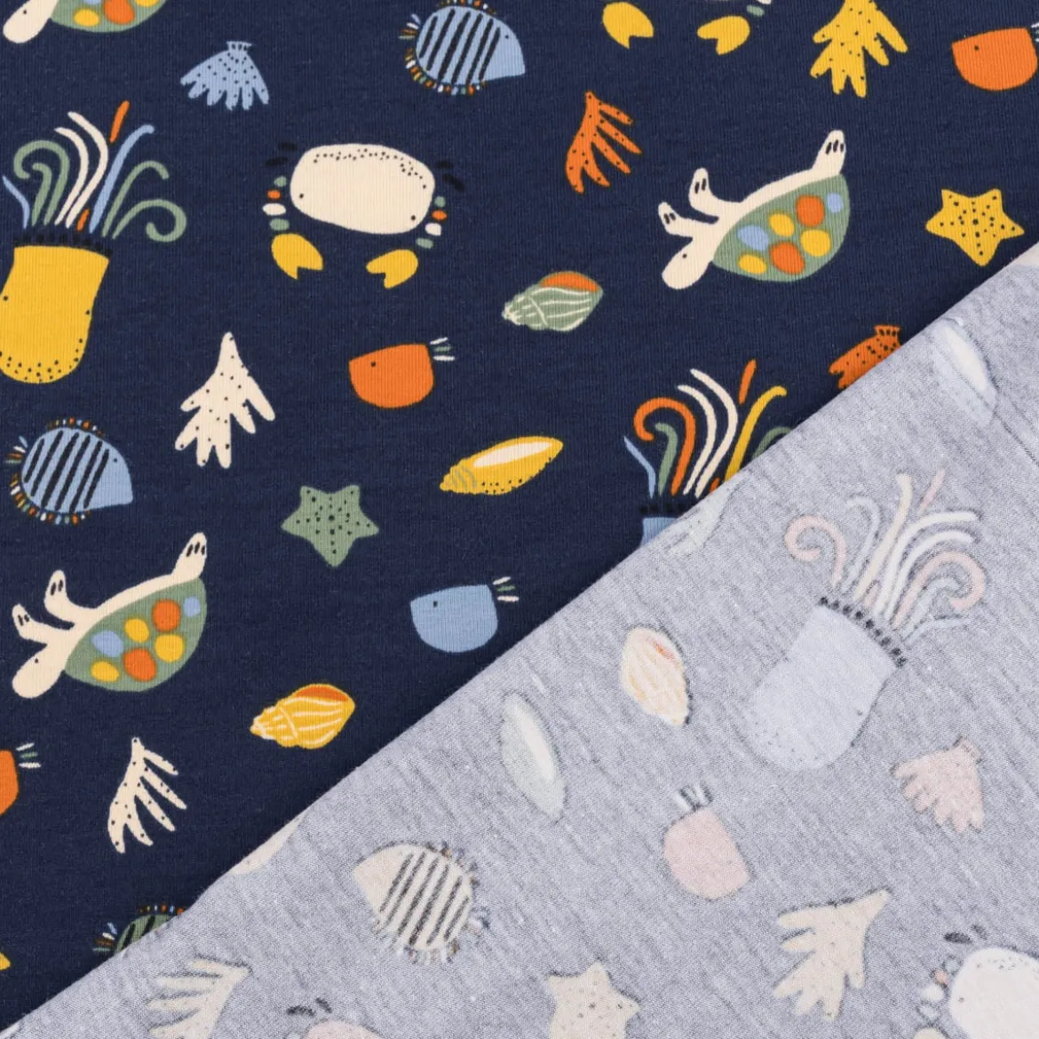 Jersey Stoff OCEAN ANIMALS Krabbe Schildkröte dunkel blau bunt 1,5m Breite
