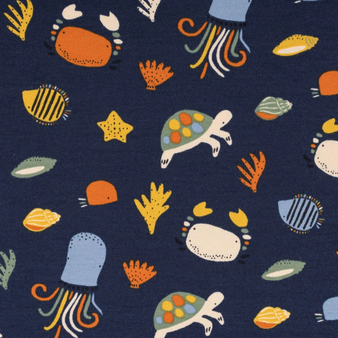 Jersey Stoff OCEAN ANIMALS Krabbe Schildkröte dunkel blau bunt 1,5m Breite