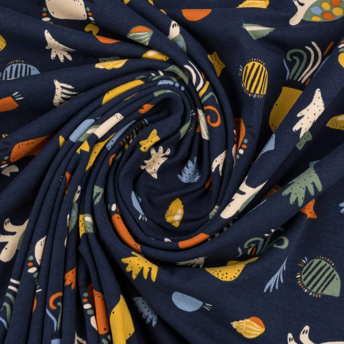 Jersey Stoff OCEAN ANIMALS Krabbe Schildkröte dunkel blau bunt 1,5m Breite