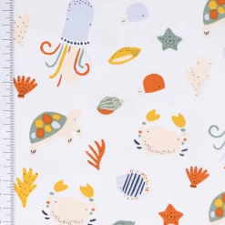 Jersey Stoff OCEAN ANIMALS Krabbe Schildkröte weiß bunt 1,5m Breite
