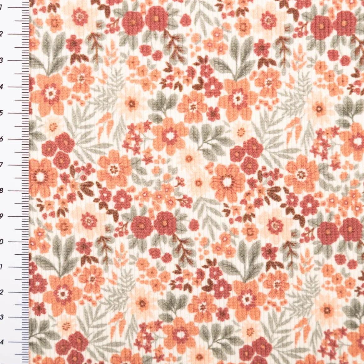 Jersey Stoff Rippjersey Baumwolle Blumen wollweiß orange grün 1,35m Breite