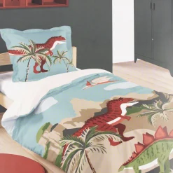 Kinder Bettwäsche Dinosaurier 100% Baumwolle hellblau grau rot 140x200cm