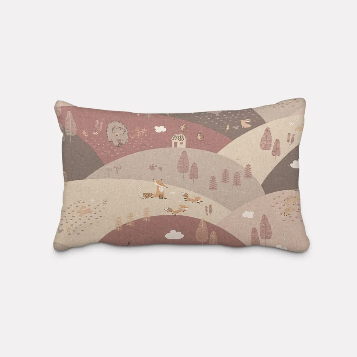 Kinder Kissenhülle Mountain Forest Animals Waldtiere Hügel Leinenlook rosa beige verschiedene Größen von SCHÖNER LEBEN.