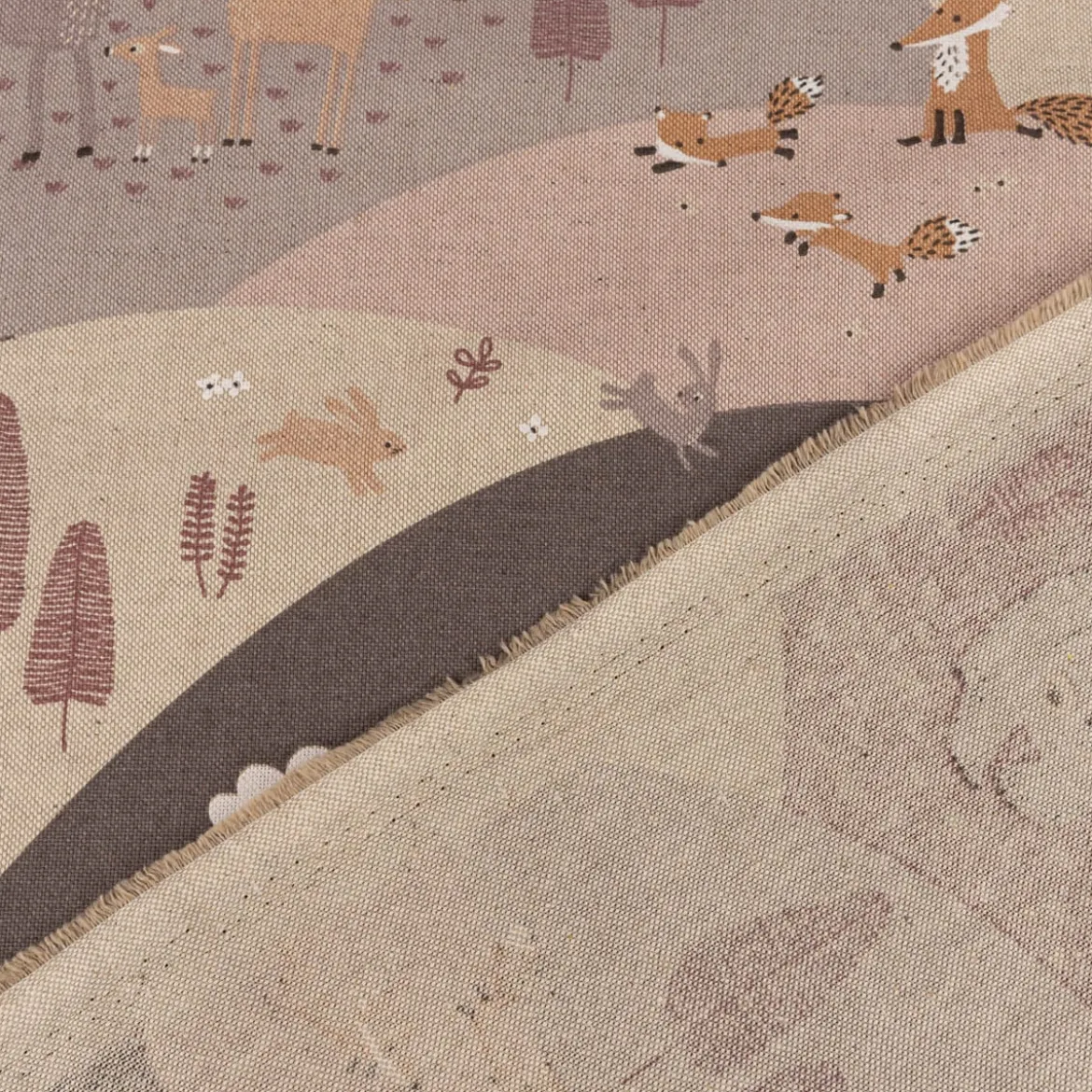 Kinder Kissenhülle Mountain Forest Animals Waldtiere Hügel Leinenlook rosa beige verschiedene Größen von SCHÖNER LEBEN.