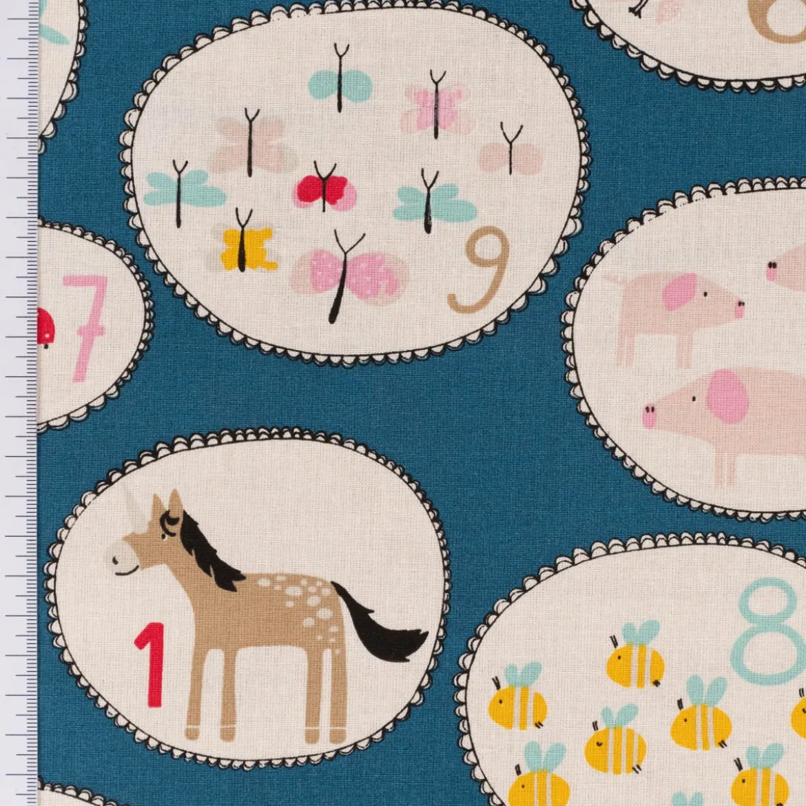Kinderstoff Dekostoff Baumwollstoff Cretonne Numbers Zahlen Tiere blau bunt 1,60m Breite