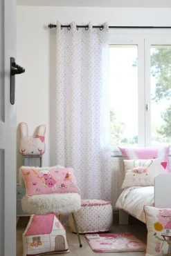 Kinderzimmer Ösengardine gemustert Punkte mit Kirschen halbtransparent weiß rosa 140x260cm