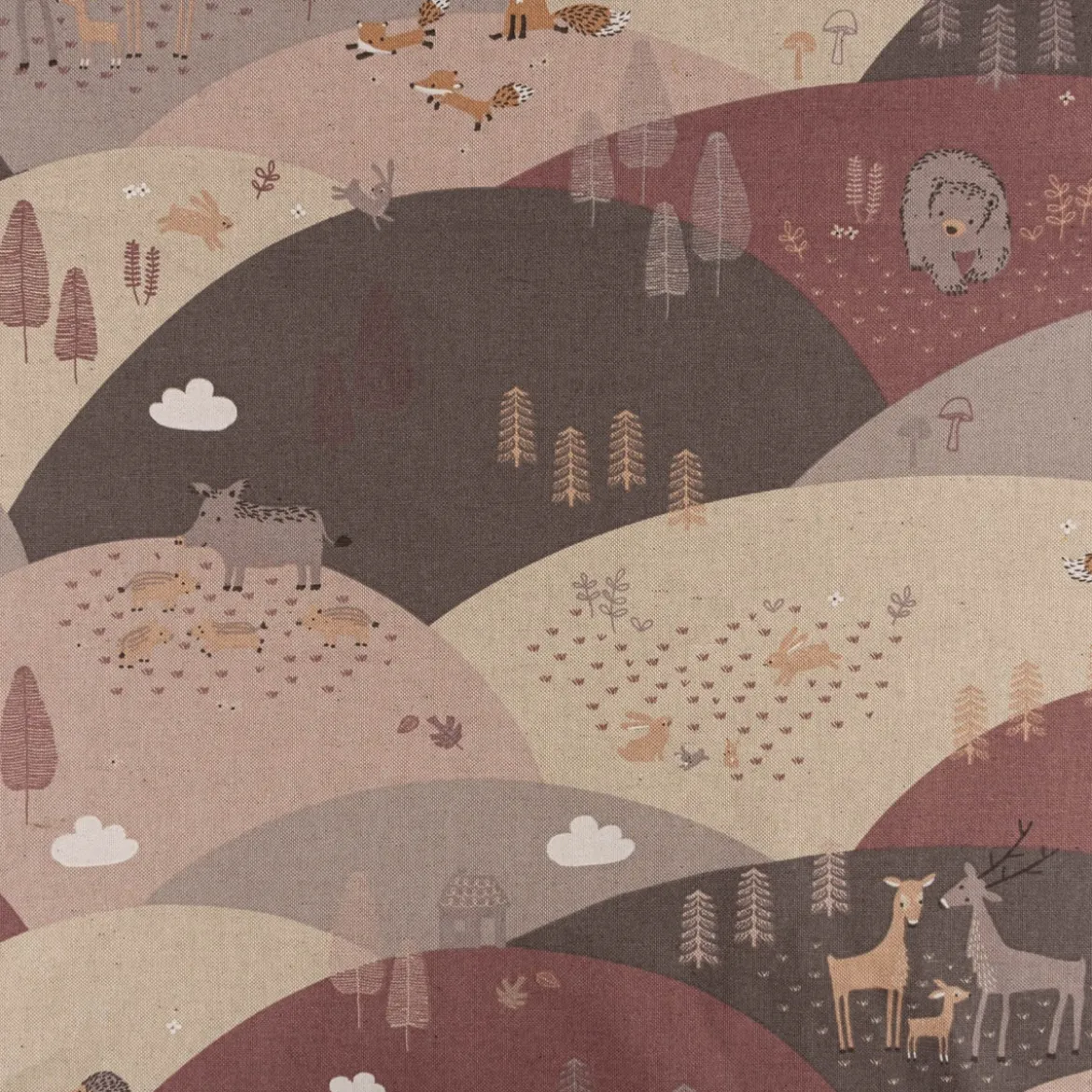 Kinderzimmer Vorhang Mountain Forest Animals Waldtiere Hügel Leinenlook rosa beige 245cm oder Wunschlänge von SCHÖNER LEBEN.