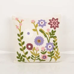 Kissen Blumen getuftet und gestickt Chenille wollweiß grün rosa lila 45x45cm