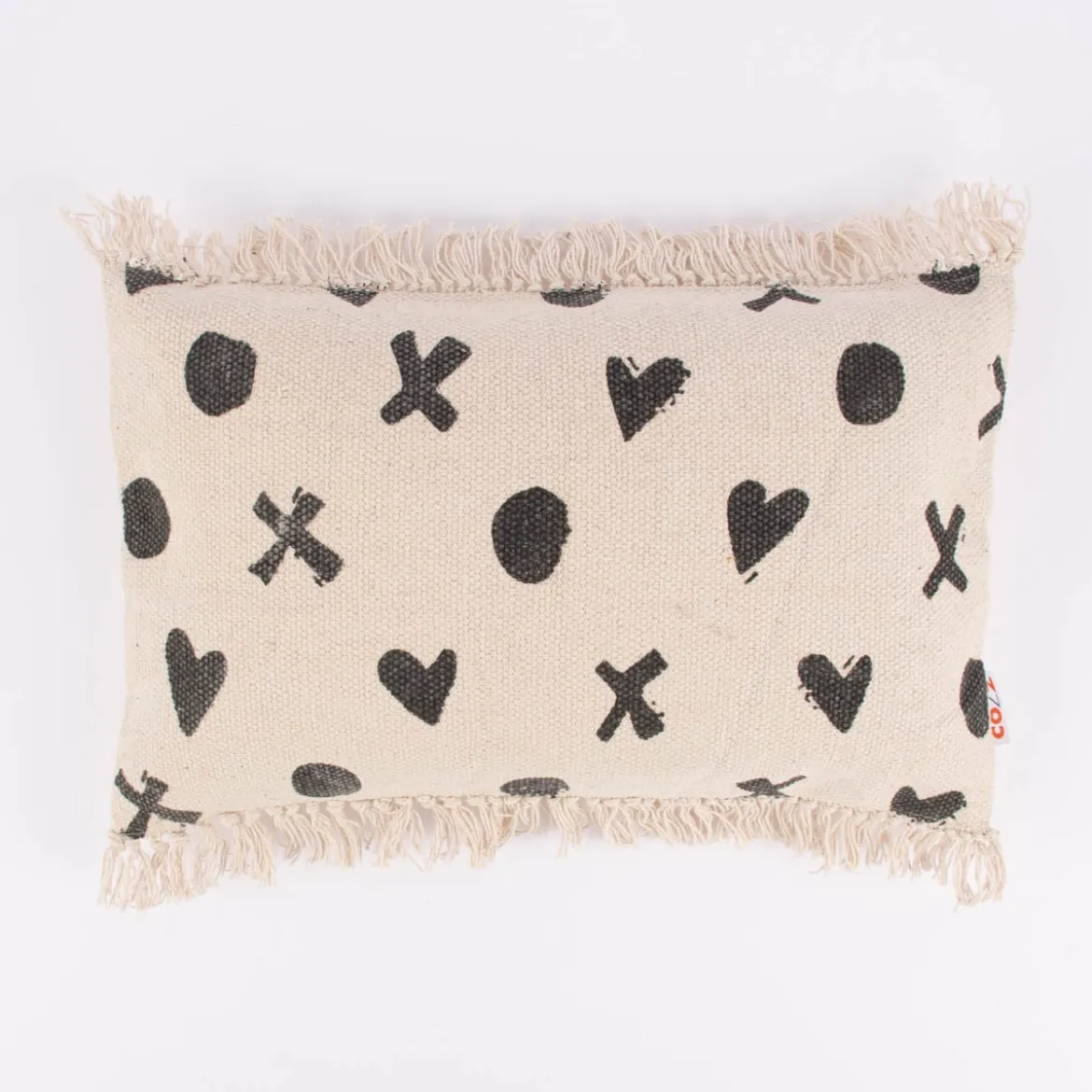 Kissenhülle Faiza mit Fransen Punkte Herzen Kreuze creme schwarz 30x50cm