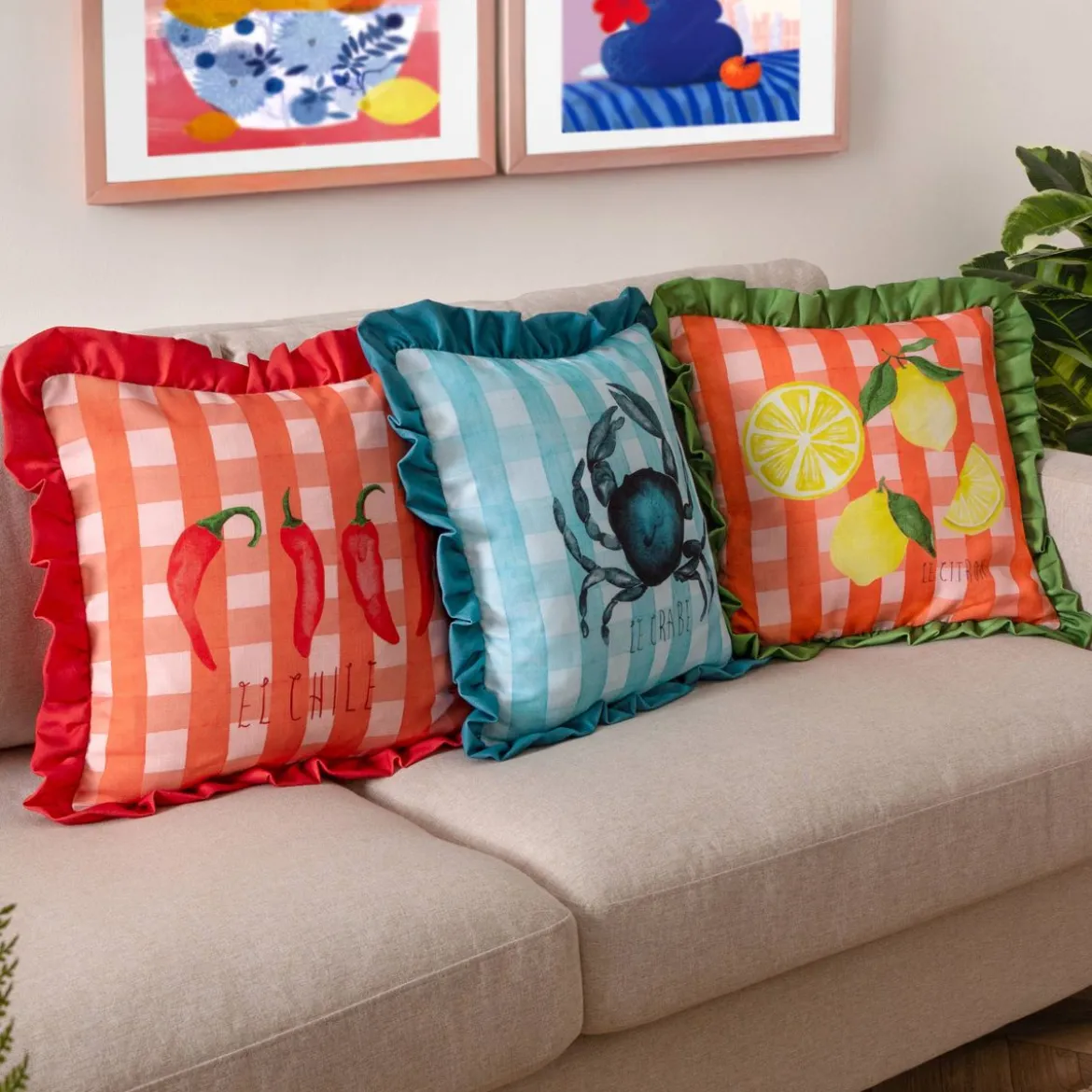 Kissenhülle Gingham Citron Zitronen Rüschen multicolor 43x43cm