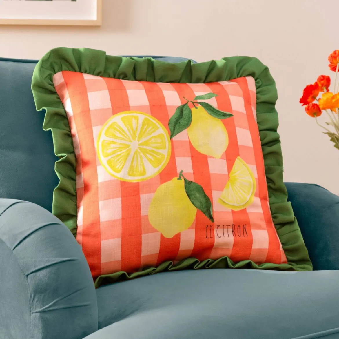 Kissenhülle Gingham Citron Zitronen Rüschen multicolor 43x43cm
