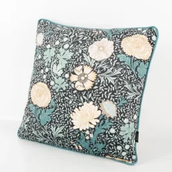 Kissen Madeleine aus Samt mit Kederumrandung Blumen schwarz türkisgrün 45x45cm