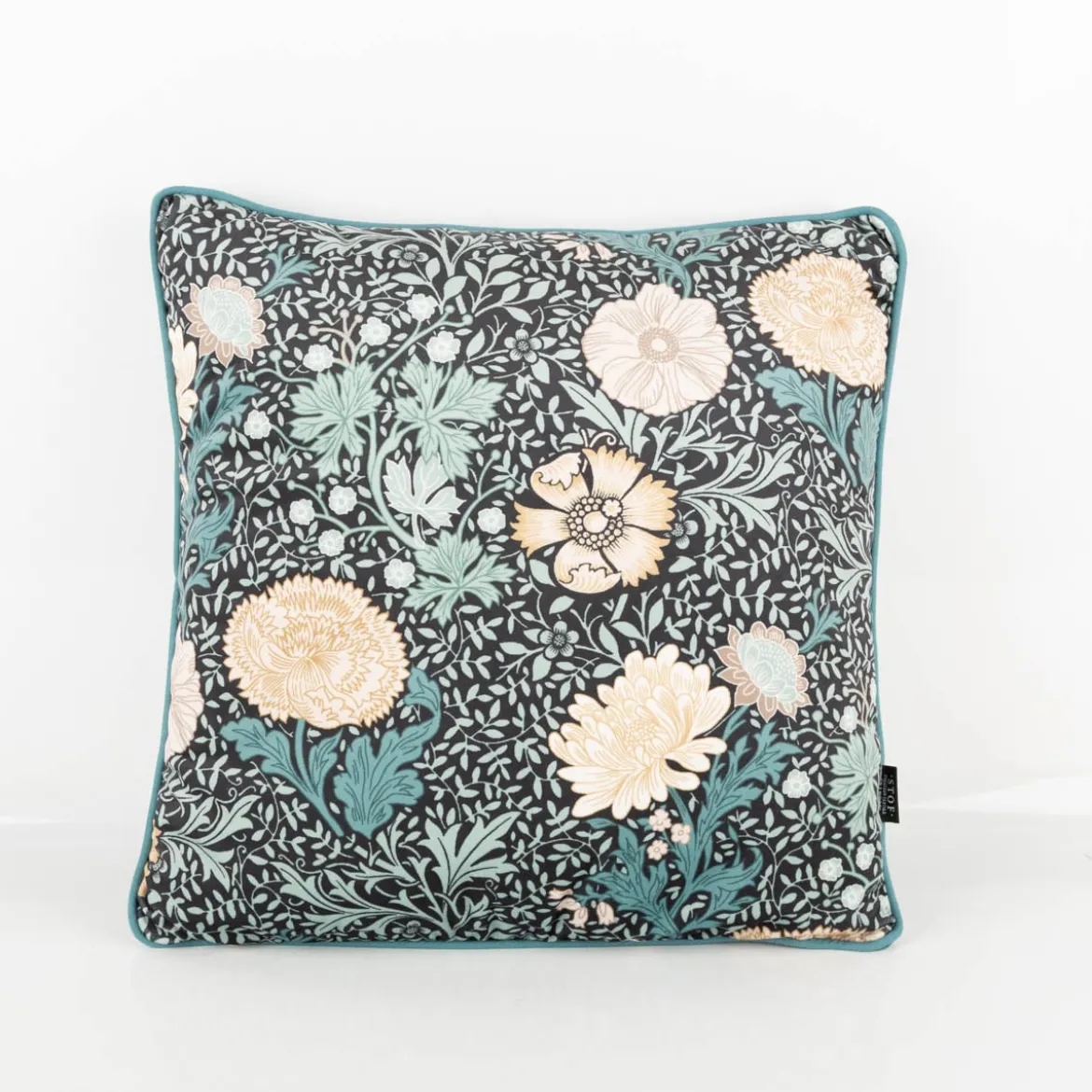 Kissen Madeleine aus Samt mit Kederumrandung Blumen schwarz türkisgrün 45x45cm