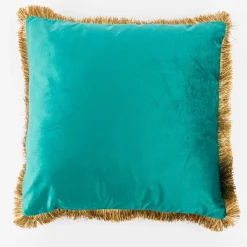 Kissen Samtoptik mit Fransenrand türkis gold 45x45cm