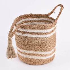 Korbset aus Jute und Baumwolle 3-teilig mit Henkeln und Quaste natur weiß 24x26cm