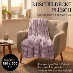Kuscheldecke Plüsch Breitcord Streifen lila 150x200cm