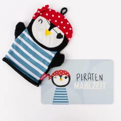 La Vida Kinder Waschhandschuh Pinguin Pirat aus Baumwolle schwarz bunt 24x20cm