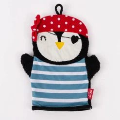 La Vida Kinder Waschhandschuh Pinguin Pirat aus Baumwolle schwarz bunt 24x20cm