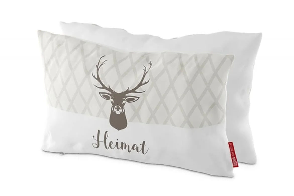 La Vida Kuschelkissen Gipfelgrüße Heimat Rauten Hirschkopf weiß creme braun 25x40cm