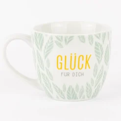 La Vida Porzellan Tasse Glück für dich Blätter mintgrün weiß 400ml