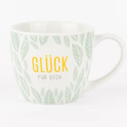 La Vida Porzellan Tasse Glück für dich Blätter mintgrün weiß 400ml