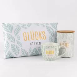La Vida Porzellan Tasse Glück für dich Blätter mintgrün weiß 400ml