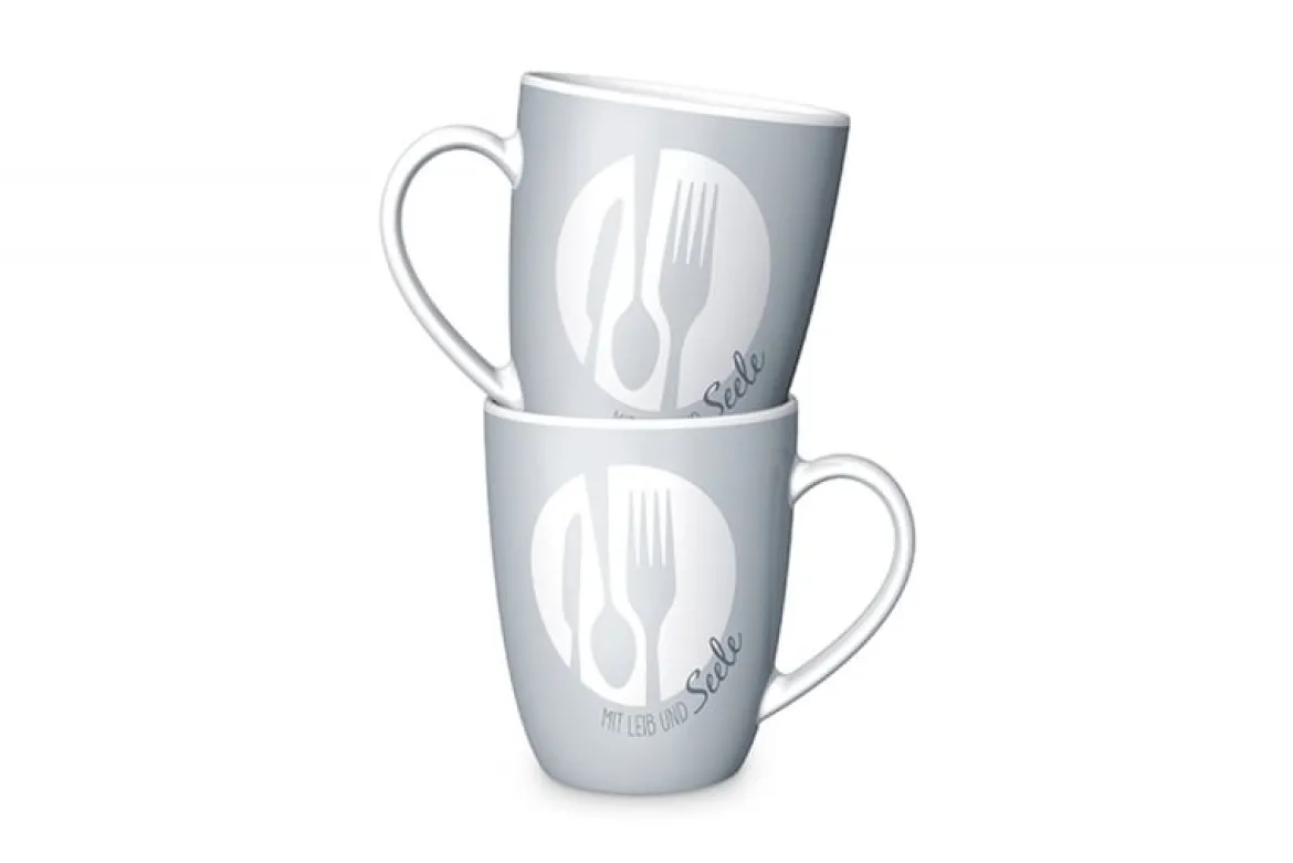 La Vida Porzellan Tasse Mit Leib und Seele Besteck grau weiß 8x10cm