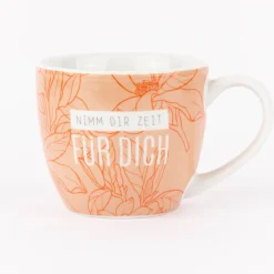 La Vida Porzellan Tasse Nimm dir Zeit für dich Blüten orange weiß 400ml