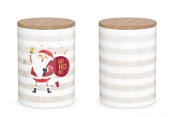 La Vida Vorratsdose Hohoho Weihnachtsmann Streifen Porzellan mit Bambusdeckel weiß beige rot natur 11x16cm