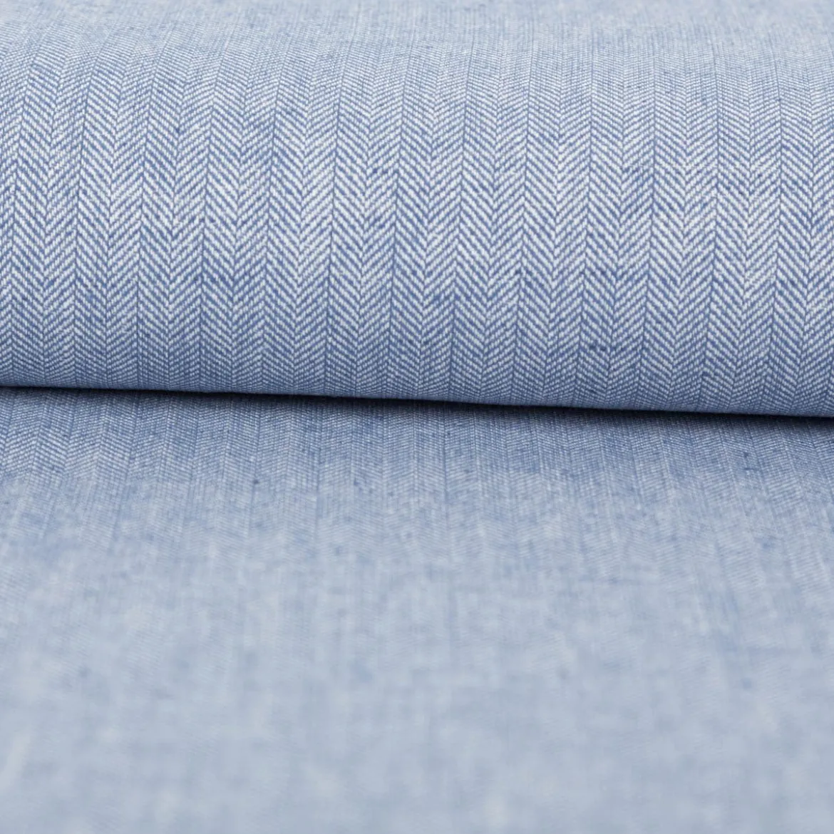 Leinen-Baumwollstoff Chambray Fischgrät meliert blau 1,38m Breite