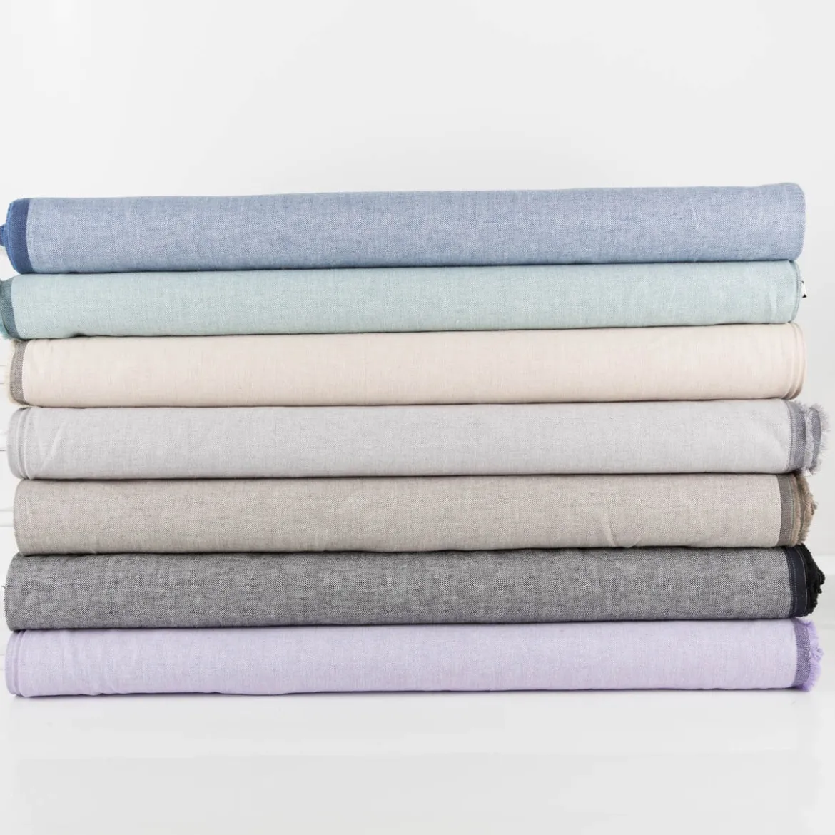 Leinen-Baumwollstoff Chambray Fischgrät meliert blau 1,38m Breite