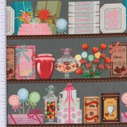 LeQuilt Patchworkstoff Baumwollstoff Popeline Süßigkeiten Leckereien im Regal 115cm Breite
