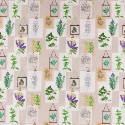 LeQuilt Patchworkstoff Baumwollstoff Popeline Kräuter Pflanzen Bilderwand beige grün lila 115cm Breite