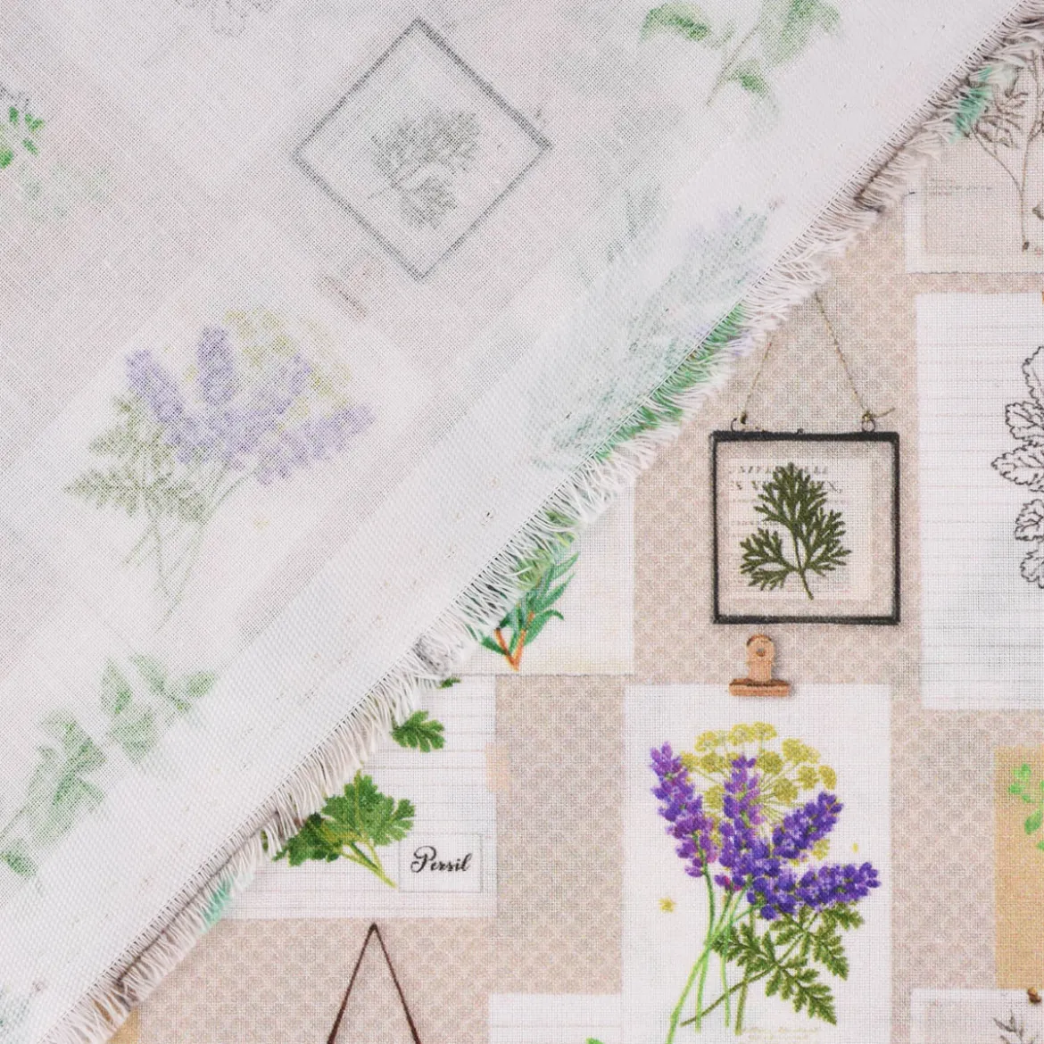 LeQuilt Patchworkstoff Baumwollstoff Popeline Kräuter Pflanzen Bilderwand beige grün lila 115cm Breite