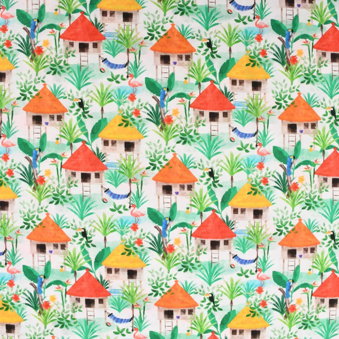 LeQuilt Patchworkstoff Baumwollstoff Popeline Gamboa Hütten weiß grün 115cm Breite
