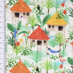 LeQuilt Patchworkstoff Baumwollstoff Popeline Gamboa Hütten weiß grün 115cm Breite